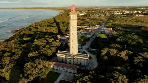 Aerial view of phare des Baleines lighthouse at sunset on île de Ré 06 Stock-Footage 302602753