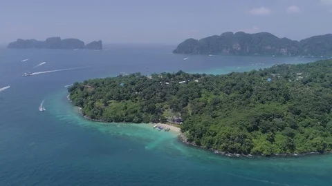 Aerial: View on Phi Phi islands and small beach. Thailand. Stock Footage 82160933