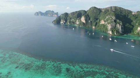 Aerial View of Phi Phi Islands and Turquoise Andaman Sea in Koh Phi Phi, Video stock 334720784