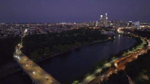 Aerial view of the Philadelphia skyline at night Stock Footage 314662353