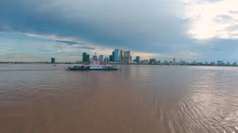 Aerial view of Phnom Penh city view from the river Stock Footage