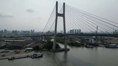 Aerial View of Phu My Bridge Traffic in Ho Chi Minh City, Vietnam Vídeos de archivo 335576772