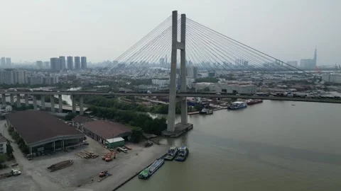 Aerial View of Phu My Bridge Over Saigon River in Ho Chi Minh City, Vietnam Stock Footage 335577090