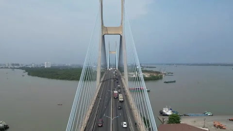 Aerial View of Phu My Bridge Traffic Over Saigon River in Ho Chi Minh City, Stock Footage 335602453