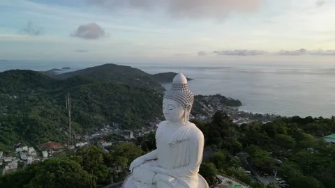 Aerial View of Phuket Big Buddha Statue Overlooking the Bay in Phuket, Thailand Stock Footage 335583849