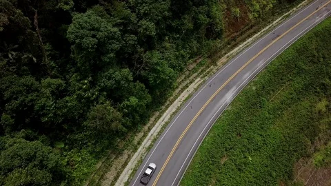 Aerial view of a pick up truck driving on the mountain road Video stock 93305053