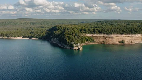 Aerial view of Pictured Rocks cliffs in National Lakeshore, Michigan Video stock 115685174