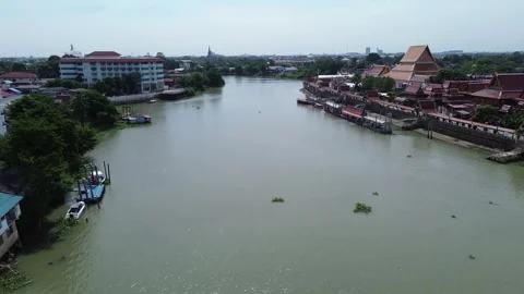 Aerial view of the pier at Wat Phanan Cheong. Stock Footage 327522834