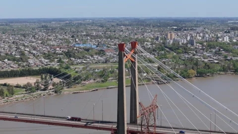 Aerial view of pillars in structure of cable-stayed bridge. Zárate-Brazo Stock Footage 288420553