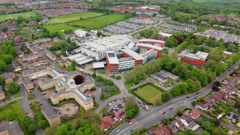 Aerial view of Pinderfields NHS Hospital in Wakefield, West Yorkshire, UK Stock Footage 340168314