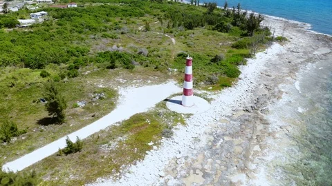 Aerial View of Pinders Point Lighthouse Shore, Grand Bahama, Bahamas Stock Footage 106337279