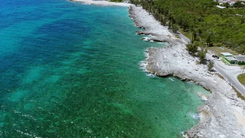 Aerial View of Pinders Point Lighthouse Shore, Grand Bahama, Bahamas Stock Footage 106337339