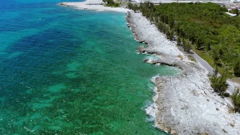 Aerial View of Pinders Point Lighthouse Shore, Grand Bahama, Bahamas Stock Footage 106337416