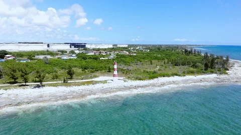 Aerial View of Pinders Point Lighthouse Shore, Grand Bahama, Bahamas Stock Footage 106337426