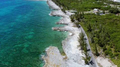 Aerial View of Pinders Point Lighthouse Shore, Grand Bahama, Bahamas Stock Footage 106337515