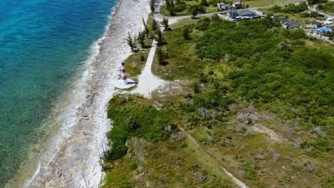 Aerial View of Pinders Point Lighthouse Shore, Grand Bahama, Bahamas Stock Footage 106337848