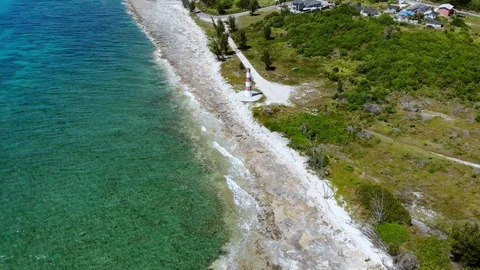 Aerial View of Pinders Point Lighthouse Shore, Grand Bahama, Bahamas Stock Footage 106337966