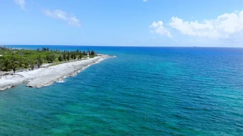 Aerial View of Pinders Point Lighthouse Shore, Grand Bahama, Bahamas Stock Footage 106338022