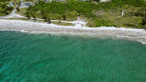 Aerial View of Pinders Point Lighthouse Shore, Grand Bahama, Bahamas Stock Footage 106338210