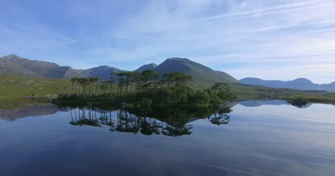 Aerial view of Pine Trees Island, Derryclare Lough - Lake, Galway, Ireland Stock Footage 148678971