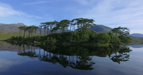 Aerial view of Pine Trees Island, Derryclare Lough - Lake, Galway, Ireland Stock Footage 148752992
