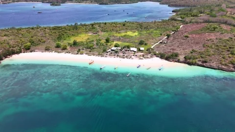 Aerial view of Pink Beach and turquoise waters, Indonesia. Stock Footage 335209229