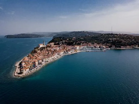 Aerial view on Piran town with old lighthouse,, the port of Piran with boats Stock Photos