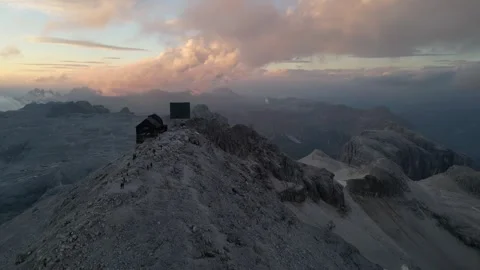 Aerial view of Piz Boe summit with Rifugio Capanna Piz Fassa Stock Footage 307119233