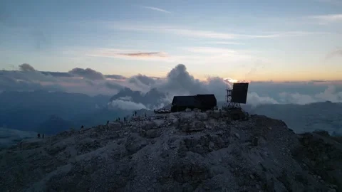 Aerial view of Piz Boe summit with Rifugio Capanna Piz Fassa Stock Footage 307119664