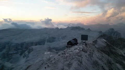 Aerial view of Piz Boe summit with Rifugio Capanna Piz Fassa Stock Footage 307119964