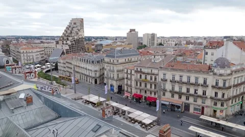 Aerial View Place de la Comedie Tramway Triangle Tower Montpellier France Stock Footage 344035952