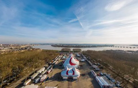 Aerial view Place des Quinconces and circus tent, Bordeaux and the Garonne ri Stock Photos