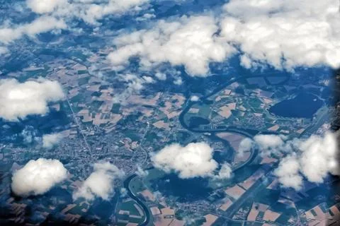 Aerial view from plane with clouds Foto stock