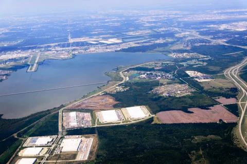 Aerial view from plane window of DFW flooding after hurricane Harvey Stock Photos