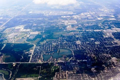 Aerial view from plane window of DFW flooding after hurricane Harvey Stock Photos