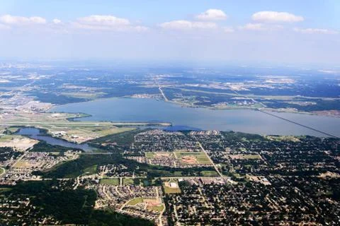 Aerial view from plane window of DFW flooding after hurricane Harvey Stock Photos