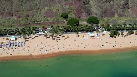Aerial view of Playa de Las Teresitas on the Island of Tenerife - Canary Islands Stock Footage 246495752