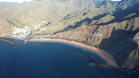 Aerial view of Playa de Las Teresitas on the Island of Tenerife - Canary Islands Stock Footage 246503572
