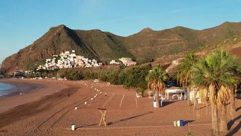 Aerial view of Playa de Las Teresitas on the Island of Tenerife - Canary Islands Stock Footage 246504366
