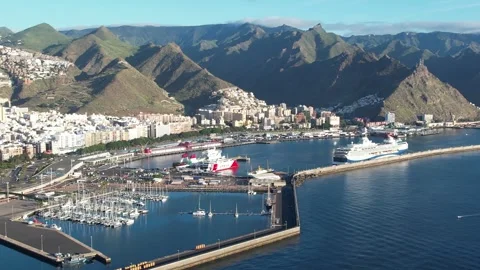 Aerial view of Playa de Las Teresitas on the Island of Tenerife - Canary Islands Stock Footage 246504384