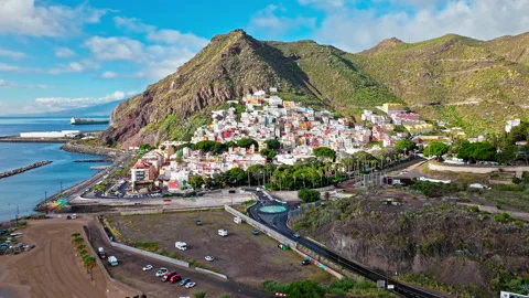 Aerial view of Playa de Las Teresitas and San Andrés village in Tenerife, Spain. Stock Footage 259328084