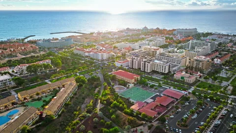 Aerial view of Playa de las Américas resort and luxury hotels in Tenerife. Stock Footage 259334398