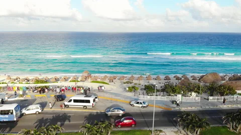 Aerial view of Playa Delfines beach and Caribbean sea in Cancun, Mexico Stock Footage 156144076