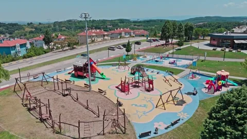 Aerial view a playground with a slide. Vídeo Stock 281595574