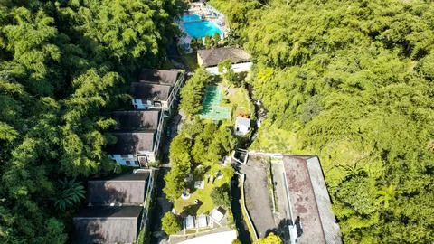 Aerial view of The Plot of land with house and swimming Pool Aerial Shot Stock Photos