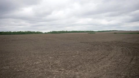 Aerial view of plowed field under cloudy sky Video stock 275166358