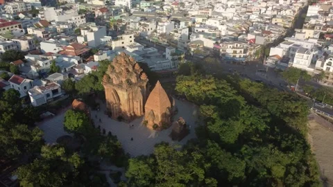 Aerial view of Po Nagar Cham Towers, Nha Trang, Vietnam Stock Footage 177857274