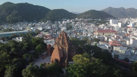 Aerial view of Po Nagar Cham Towers, Nha Trang, Vietnam Stock Footage 194382196