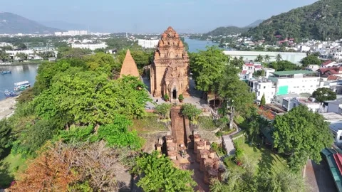 Aerial view of Po Nagar Cham Towers in nha trang city vietnam 스톡 동영상 312081542