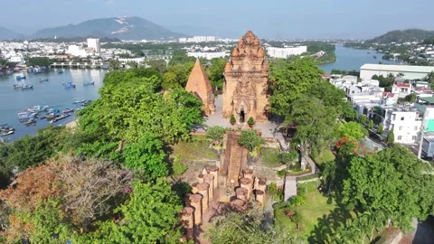 Aerial view of Po Nagar Cham Towers in nha trang city vietnam Stock Footage 312081563